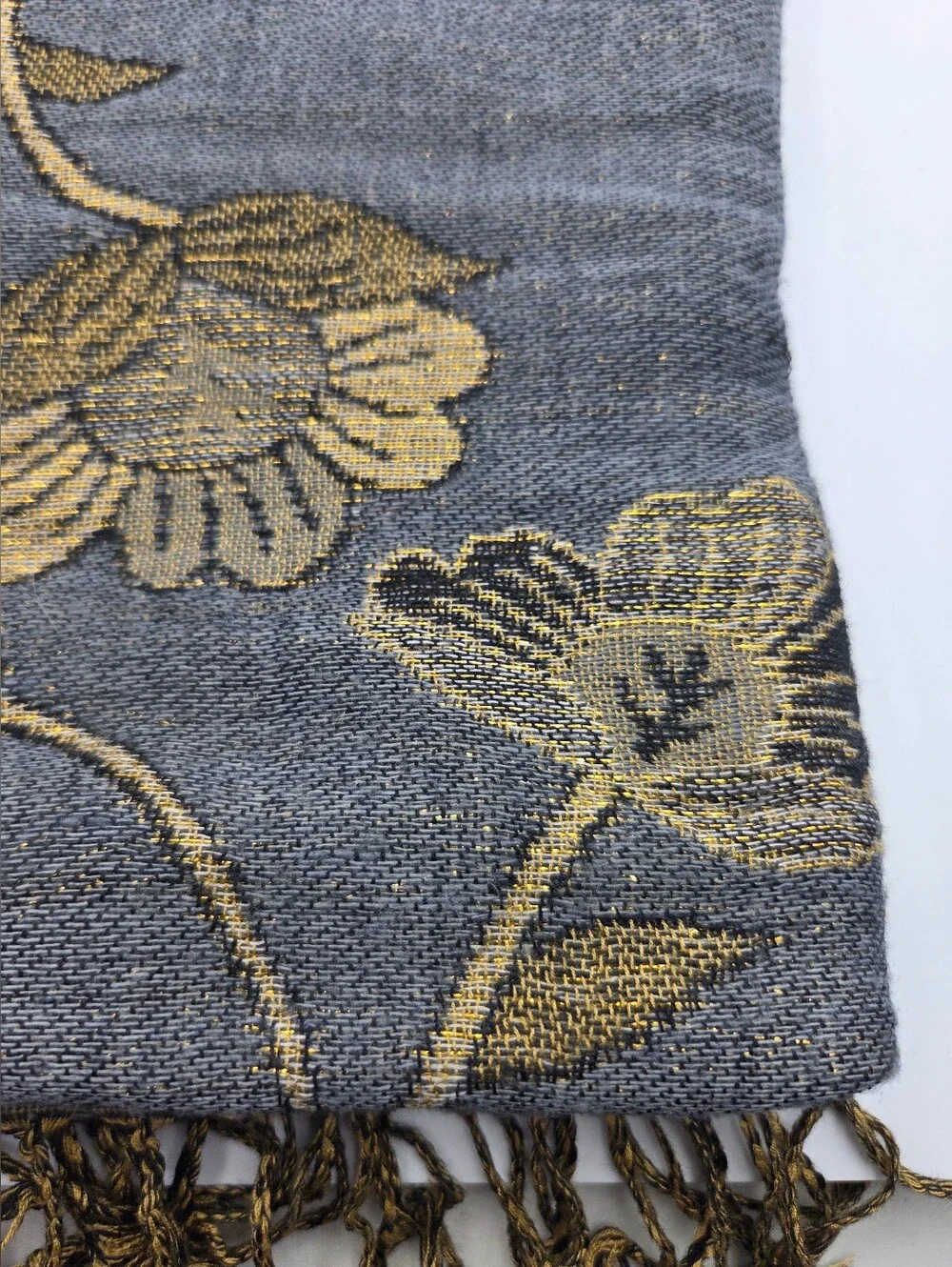 NEW Pashmina slate blue and gold jacquard paisley shawl